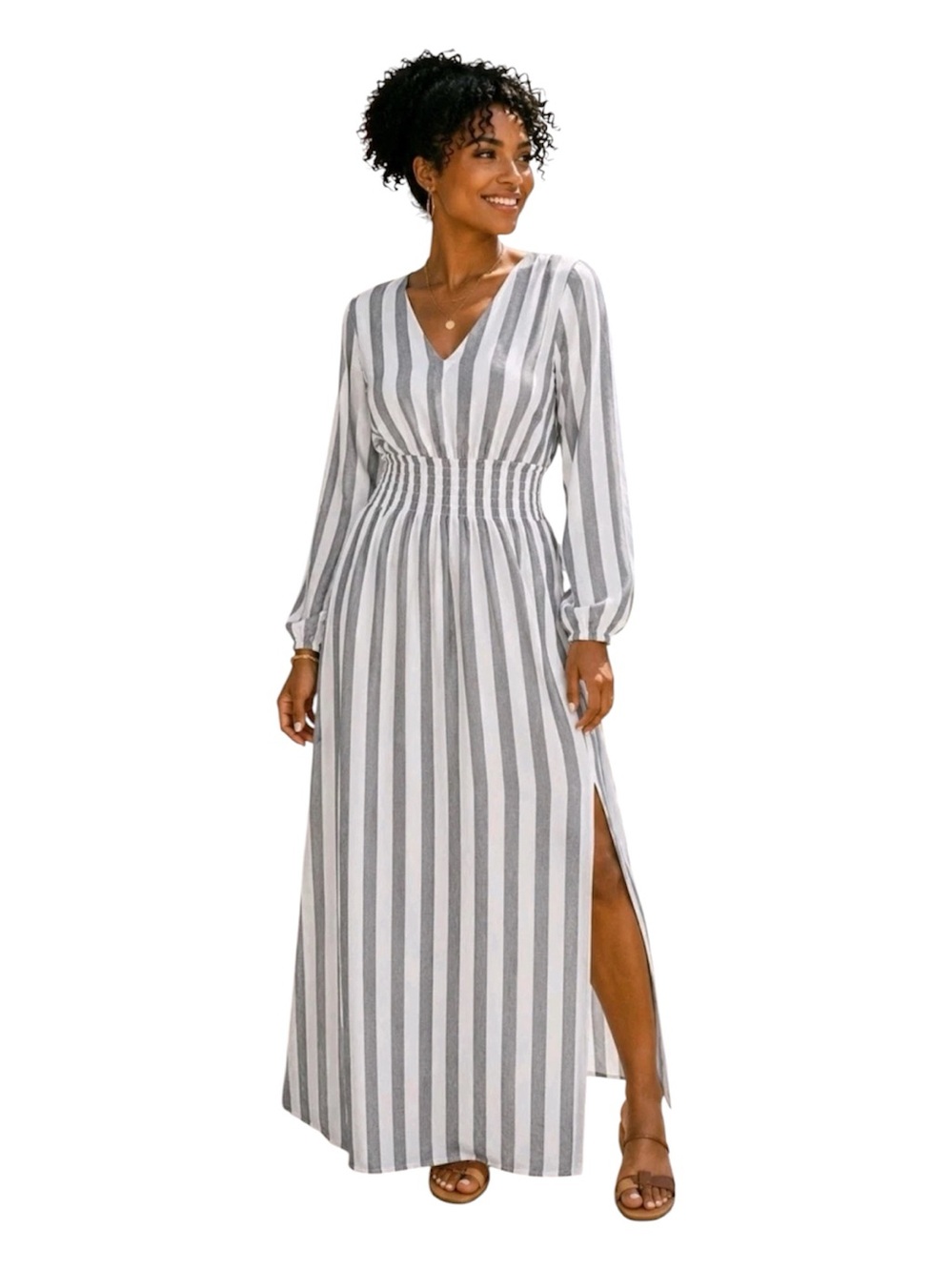 Fraiche by J Forest White Stripe smocked Maxi Dress